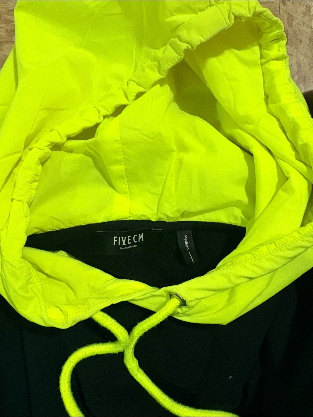 Black Hoodie with Neon Yellow Hood and Drawstrings by - Picture 7 of 8